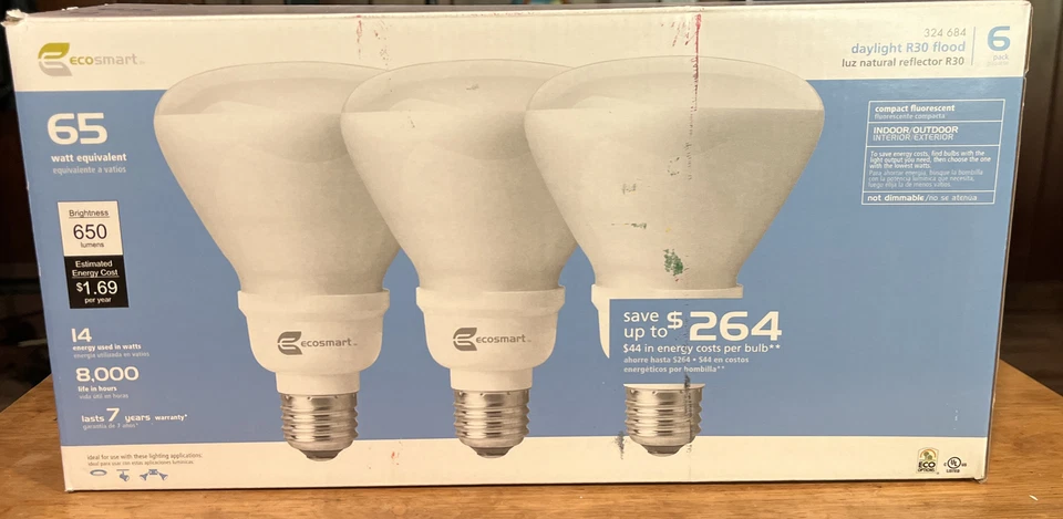 PACK OF 6 Ecosmart Daylight R30 Flood  COMPACT FLUORESCENT 65W Equivalent New - Image 1 of 4