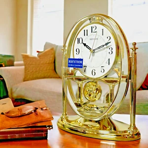 Rhythm Mantel Clock Moving Pendulum Adorned Crystals Gold White Face CRP609WR18 - Picture 1 of 10