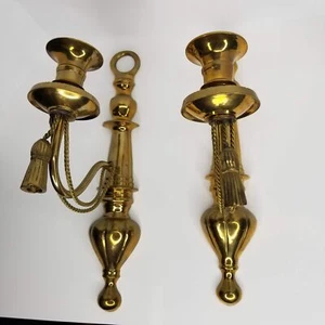 Vintage India Brass Rope Candle Holder Wall Sconce Set Tassel Decor Patina - Picture 1 of 11
