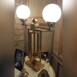 Heavy Brass Industrial Table Lamp – Milk Glass Shade Utility Light Fixture - Picture 1 of 4