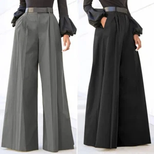 UK Office Work Long Trousers Flare Pants Women High Waist Wide Leg Palazzo Pants - Picture 1 of 14