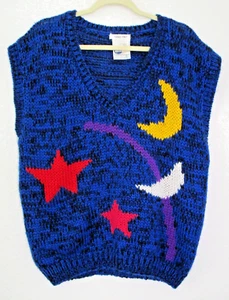 Hand Knit Vintage Sweater Vest Extra Touch Korea Blue Moon and Stars Size 42 - Picture 1 of 7