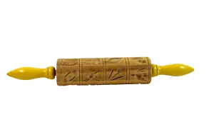 Vintage Wooden Springerle Rolling Pin Yellow Handles Birds Flags Stars - Picture 1 of 3