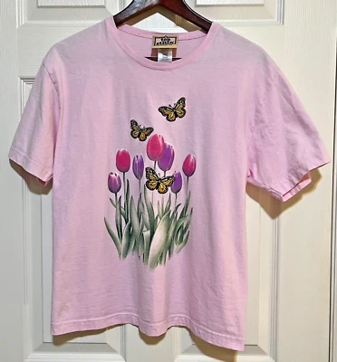 Top Stitch By Morning Sun Shirt Womens M Embroidered Butterflies Tulips Pink - Image 1 of 4