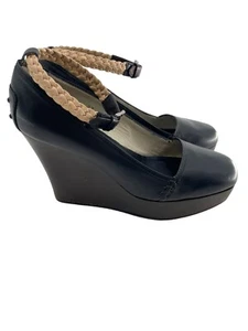 TOD'S Womens size US 7 Black Leather Platform Wedge Shoes Strap EU 37 Dust Bag - Picture 1 of 16
