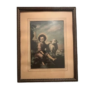 Ancienne lithographie encadrée bois du bon berger à l'agneau 12x15 - Photo 1 sur 14