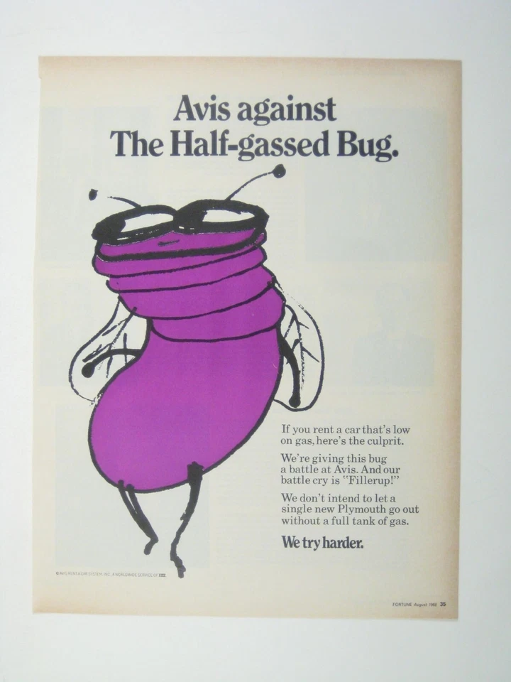 De colección 1968 Avis impresión de anuncio contra el insecto medio gaseoso dibujos animados de insectos púrpura Foto 1 de 2
