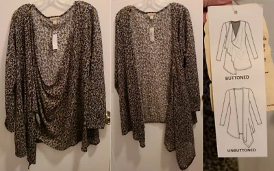 NUEVO Suéter cárdigan bidireccional ligero One World para mujer estampado animal talla grande 2X Foto 1 de 4