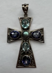 925 Sterling Silber Nicky Butler echter mehrfarbiger Edelstein großes Kreuz Anhänger - Bild 1 von 10