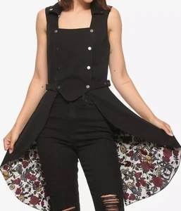 HOT TOPIC Steampunk Vest Womens XL Black Snap Front Split Back Roses Gothic - Picture 1 of 18