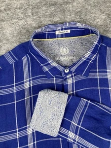 Bugatchi Shirt Mens XL 100% Linen Blue Plaid Long Sleeve Button Up Flip Cuffs - Picture 1 of 5