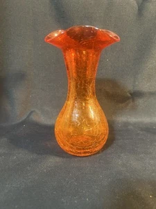 Tangerine Crackle Glass Vase w/Pontil Mark 7” - Picture 1 of 4