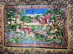 Vintage UdSSR Samt Wandteppich Teppich Hirsch Jagd mit Hund Kobelin Hirsch im Wald - Bild 1 von 5