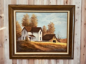 Vintage Framed Farmhouse & Barn Original Oil Painting on Canvas Signed Country - Picture 1 of 9