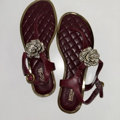 Michael Kors Rose Sandals Maroon Quilted Leather 5.5M Jeweled Flower Accent - Image 1 of 4