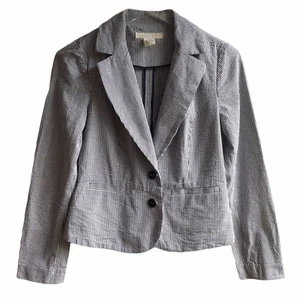 Sandro Seersucker Blazer Size S Cotton Navy White Long Sleeve Career Work Jacket - Picture 1 of 9