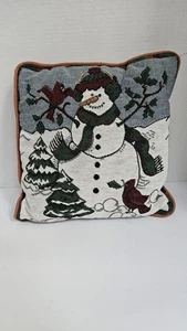 Vintage Snowman Tapestry Throw Pillow With Cardinal Birds Holiday 12"x12" - Picture 1 of 3