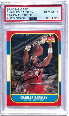 CHARLES BARKLEY SIGNED 1986 FLEER ROOKIE BASKETBALL CARD 76ERS PSA/DNA AUTO 10 - Image 1 of 2