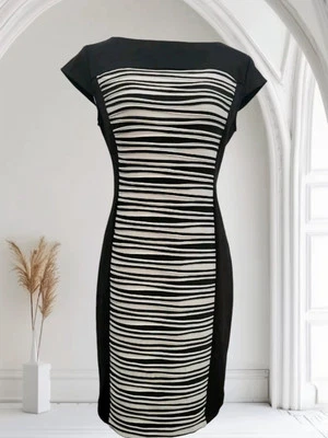 Gabby Skye Dress Distressed Front Size 6 White Black Cap Sleeve Raw Edge Sheath - Image 1 of 4