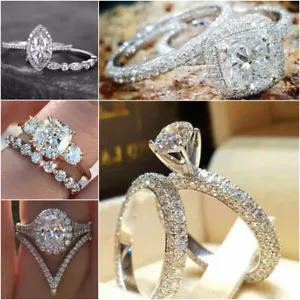 Pretty 2 Pcs/set 925 Silver Plated Rings Cubic Zirconia Women Jewelry Size 6-10 - Picture 1 of 17