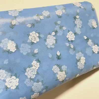 Vintage FLOCKED Florals Blue Sheer Organza Fabric by the HALF YARD 18" x 41" - Image 1 of 4