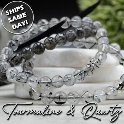 Черный турмалин прозрачный кварц кристалл драгоценных камней браслет метафизическая защита - Изображение 1 из 4