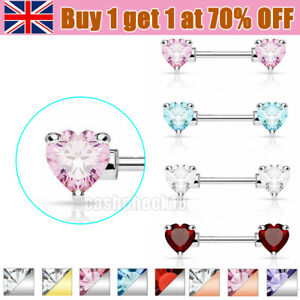 Nipple Bar Ring Piercing Heart Barbell Prong Jewelry Surgical Steel Crystal Gem
