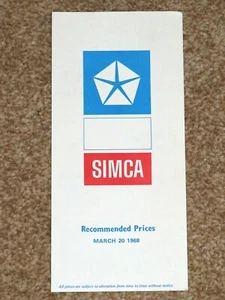 1968 SIMCA PRICE LIST - 1000 1100 1301 1501 Estates - Mint Condition - Picture 1 of 2
