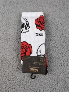 Vans Crew Socks Mens Womens 6.5-9 White Skull Red Roses Logo All Over Print New - Picture 1 of 2
