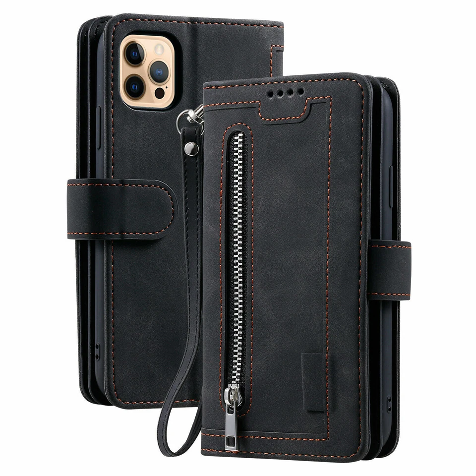 Кожаный бумажник на молнии для карт откидной чехол для iPhone 16E 13 11 14 15 17 Pro Max 7 8 - Изображение 1 из 4