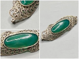 Vintage Sterling Silber Brosche Jade edwardianischer Stil filigran Jadeit - Bild 1 von 7