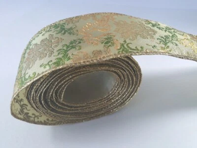 Kirkland Wire Edged Wide Ribbon Christmas Green Gold Color Brocade 5 Yards - Image 1 of 4