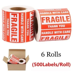 6 Rotoli Adesivi 2x3 Fragili MANIGLIA CON CURA GRAZIE Spedizione Etichette Avvertenza - Foto 1 di 7