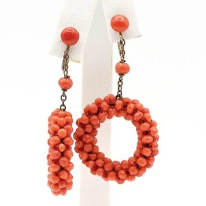 Vintage Gold Plated Silver Red Coral Woven Beaded Hoop Dangle Earrings - Picture 1 of 5