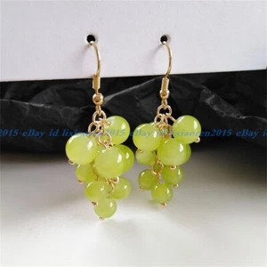 4/6mm Natural Green Peridot Gemstone Round Beads Grape Dangle Hook Earrings - Picture 1 of 12