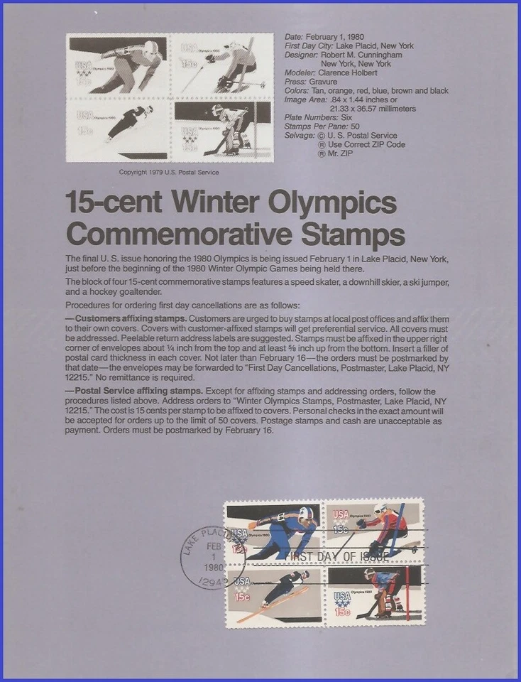 USA2 #1795-98 U/A SOUVENIR PAGE FDC BL4  Winter Olympics - Image 1 of 1