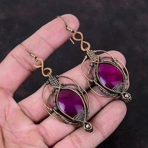 Gift For Her Purple Fire Labradorite Wire Wrapped Earrings Copper 3.35" - Picture 1 of 6