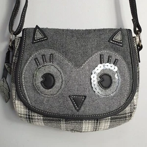OWL Face Satchel Messenger Bag Crossbody Shoulder Bag Charm Textile Sequins Grey - Picture 1 of 23