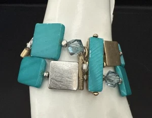 Bracelet Kennith Cole 2 Strands Square Silver & Turquoise Colored Beads Stretchy - Picture 1 of 7