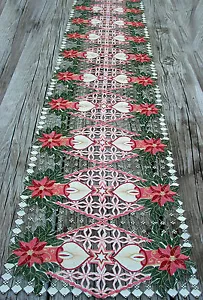 Christmas Embroidered Table Runner Cut Work Pink Poinsettia 16" x 72" Ecru NEW - Picture 1 of 8