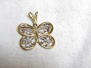 Vintage 14K Yellow White Gold Filigree Butterfly Pendant - Picture 1 of 4