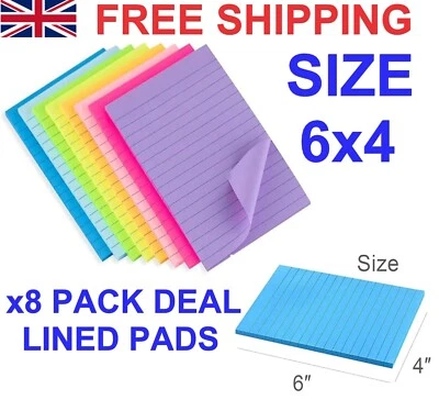 8 Pack Sticky Notes Post it Colourful Lined Post Memos 6x4 Office Business  - Image 1 of 4