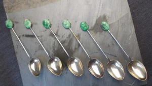 RARE Collectibles Set of 6 Carved Chinese Jade Spoons Set Sterling Silver 925 - Picture 1 of 3