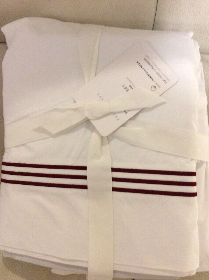 Pottery Barn Grand Embroidered Organic Full Sheet Set Ruby Red & White NWT - Image 1 of 1