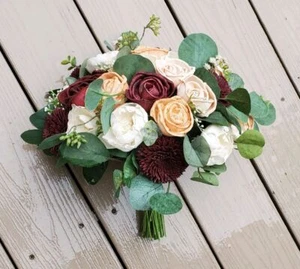 Burgunder Pfirsich Brautstrauß Sola Holz Künstliche Hochzeit Blumen Eukalyptus - Bild 1 von 11