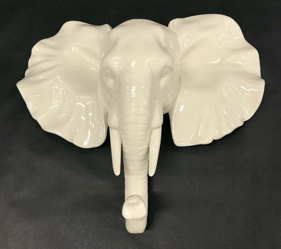 Cabeza de elefante de cerámica blanca brillante con colmillos para colgar en la pared arte decorativo Foto 1 de 4