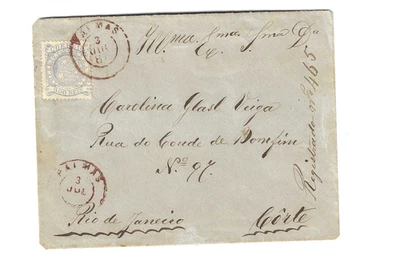 BRASIL - 1887 - Sobre de Palmas a Río de Janeiro con fallo de solapa Foto 1 de 2
