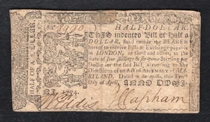 APRIL 10, 1774 $1/2 ONE HALF DOLLAR MARYLAND COLONIAL CURRENCY NOTE - Picture 1 of 2