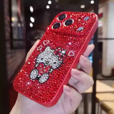 Bling Red Diamond Gem Cartoon Cat Case for iPhone 17 16 15 14 13 12 11 X Pro Max - Image 1 of 4