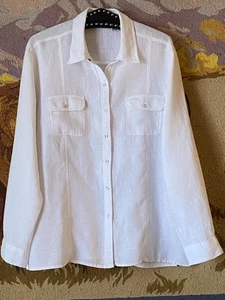 Chico's 100% Linen White Sz 2 (L) Blouse Snap Down Shirt Long Sleeve Pockets - Picture 1 of 12